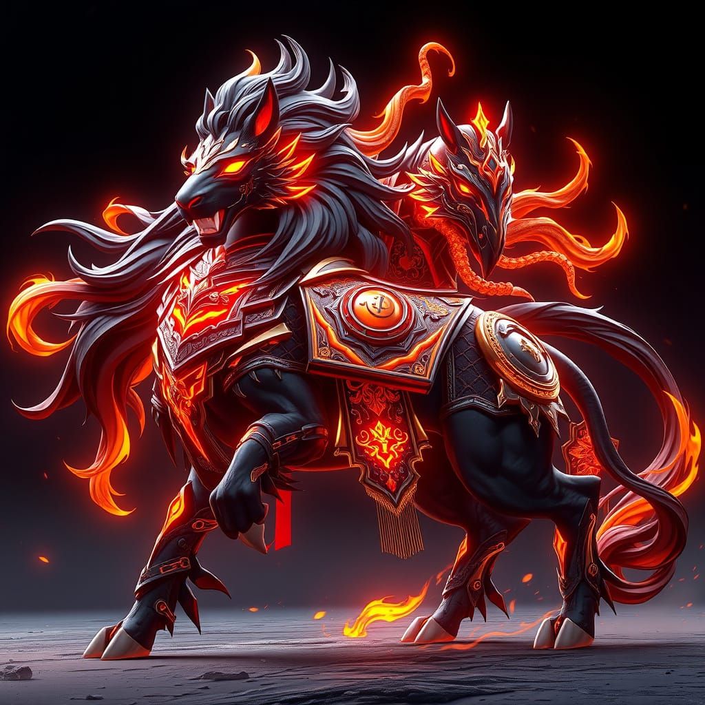 Armored Black Lion-Horse Hybrid in Anime Style