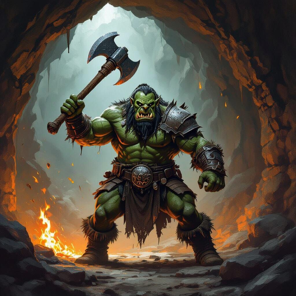 Brutish Orc Swings Massive Axe in Dark Fantasy Cavern