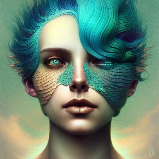 Lovecraftian Aquarius with Seaweed Hair, Surreal Art