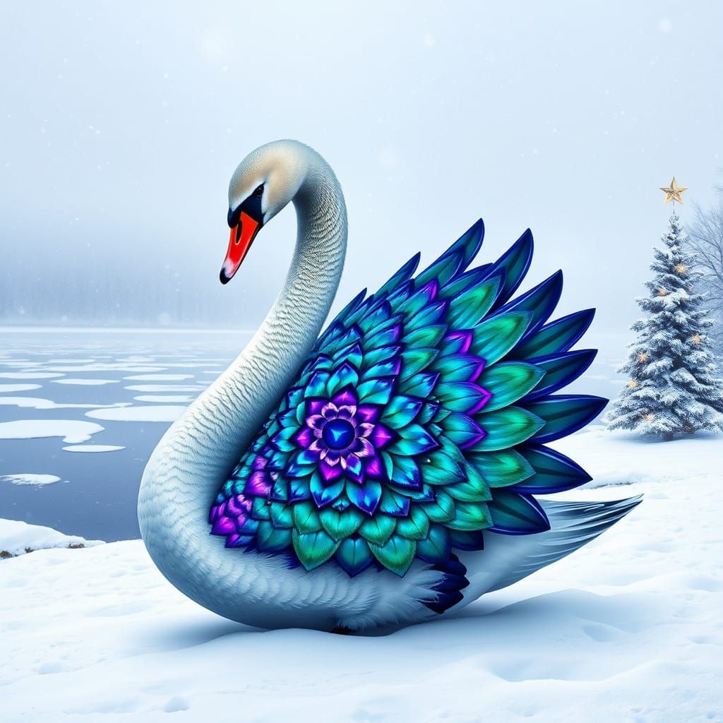 Majestic Swan in Vibrant Iridescent Feathers Amidst Winter W...