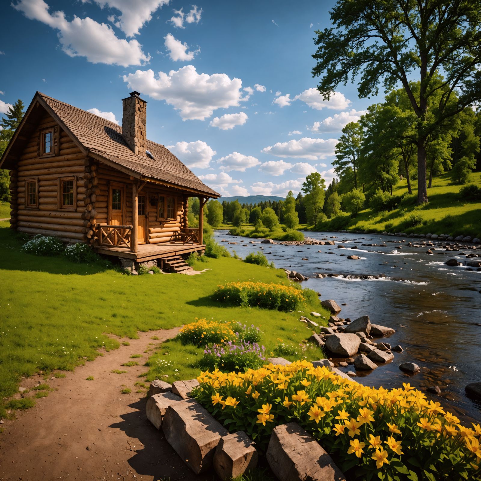 Hyperrealistic Log Cabin by River in HDR