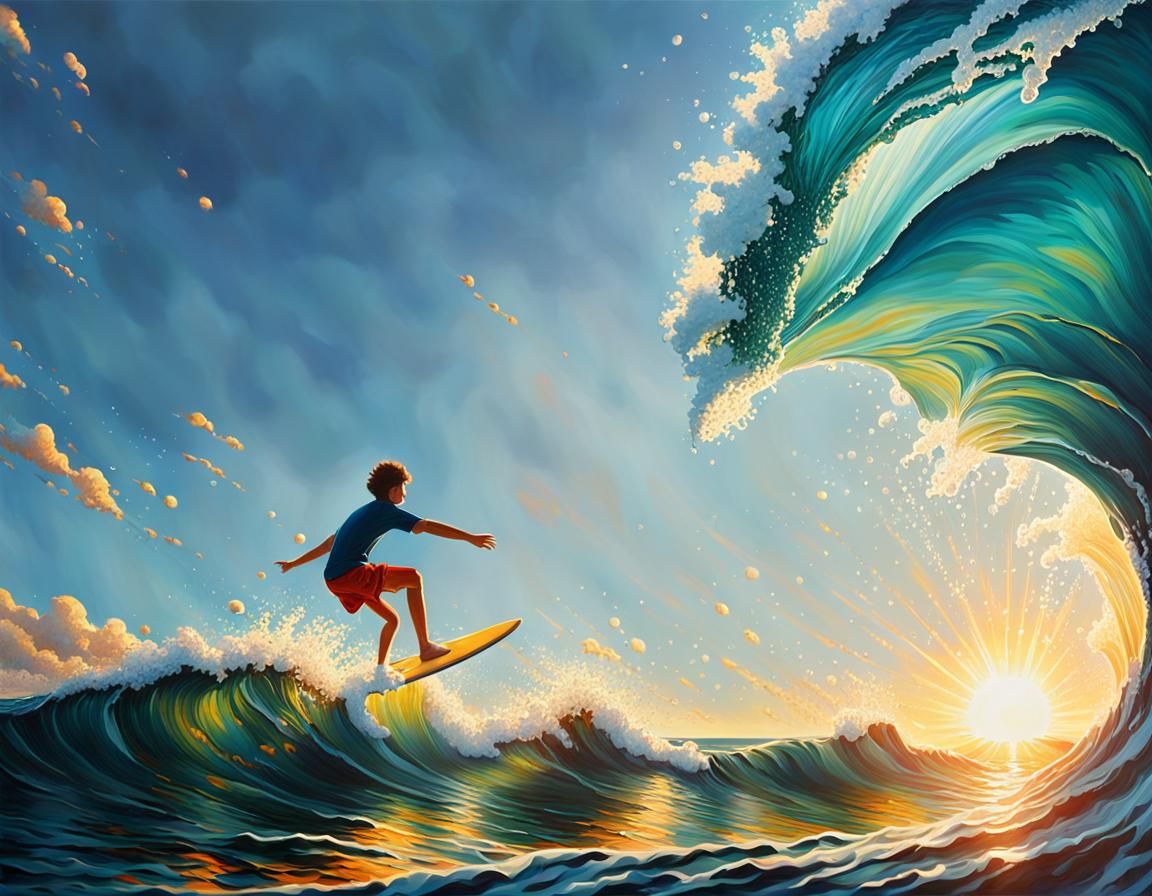 Surfer on Turquoise Wave: Vibrant Oil Painting
