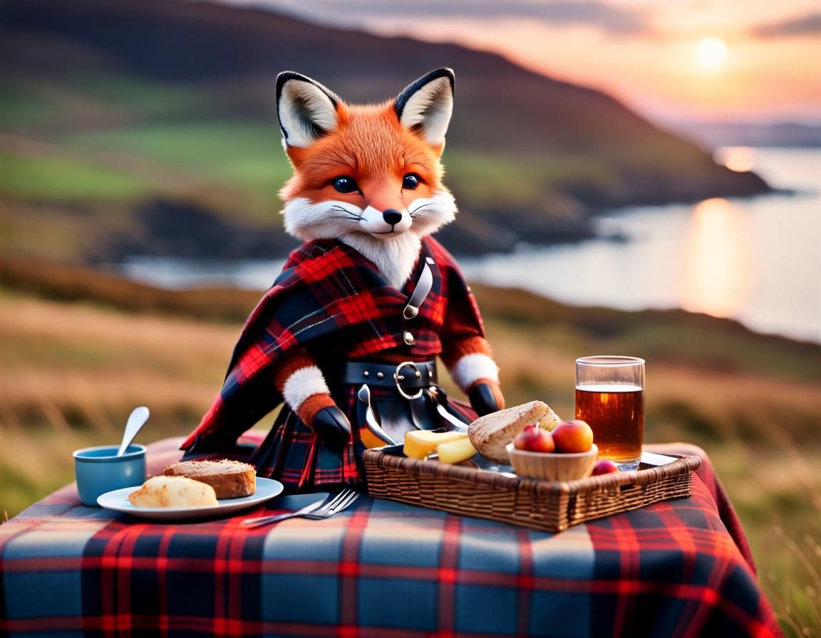 Fox in Kilt Prepares Picnic in Scotland