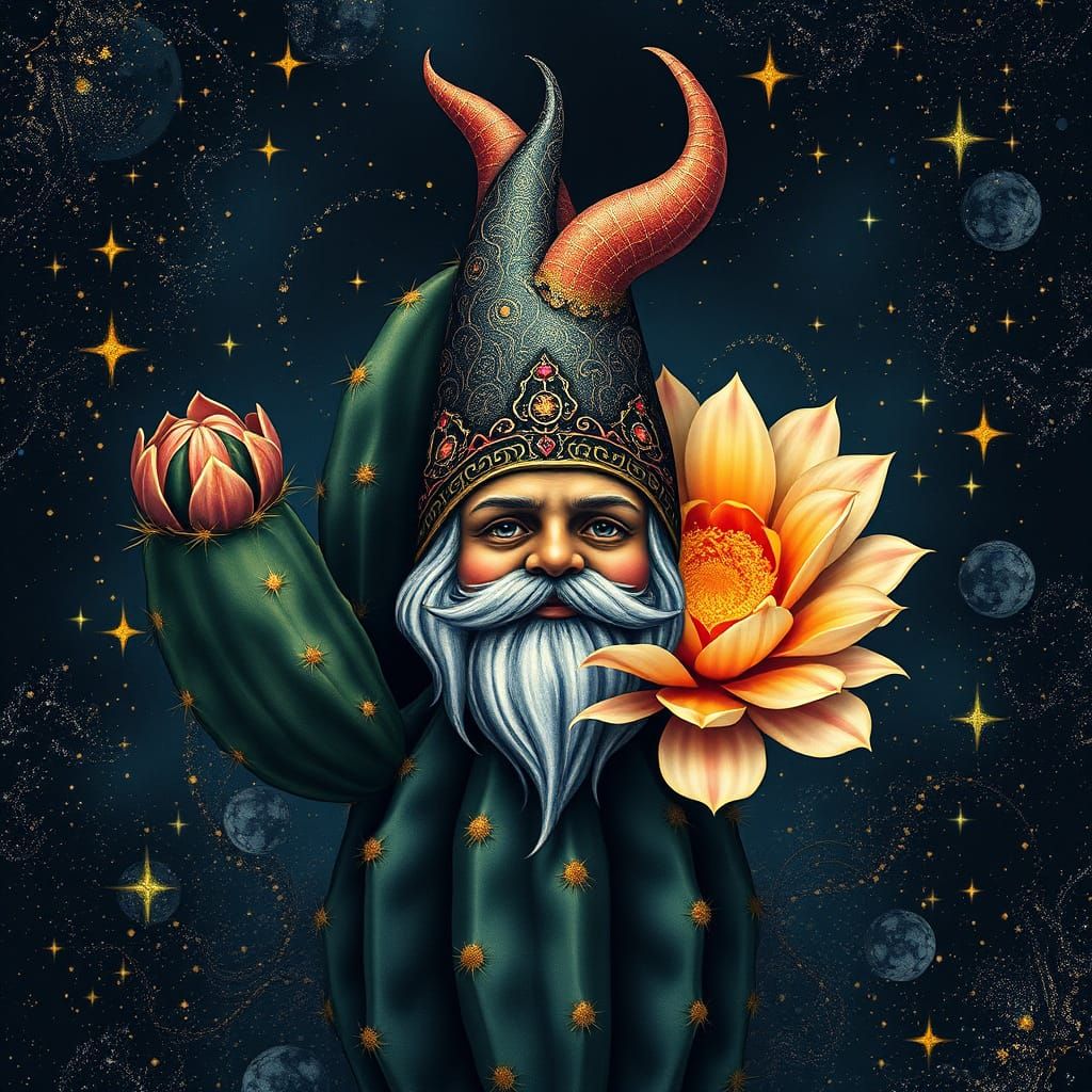 Surreal Cactus Bloom with Garden Gnome Face in Dark, Gold, a...