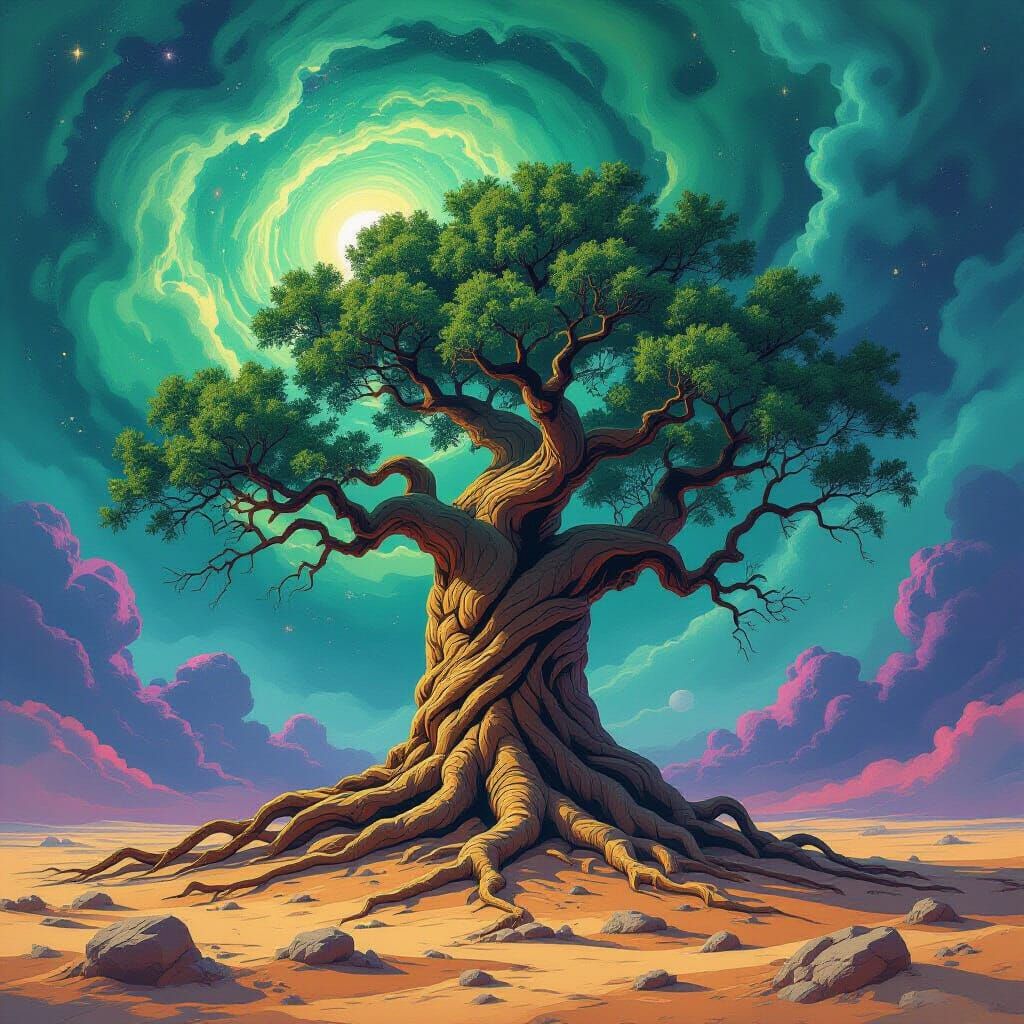 Ancient Dragon Tree on Alien Planet Nebula Sky