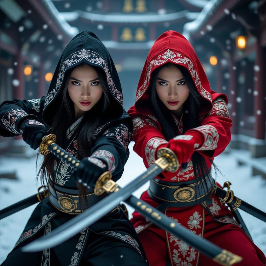 Asian Warrior Women Duel in Snowy Industrial Setting