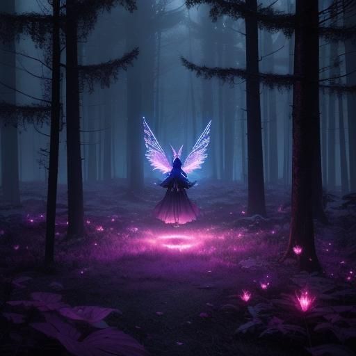 Fairy with Glowing Wings in Bioluminescent Forest