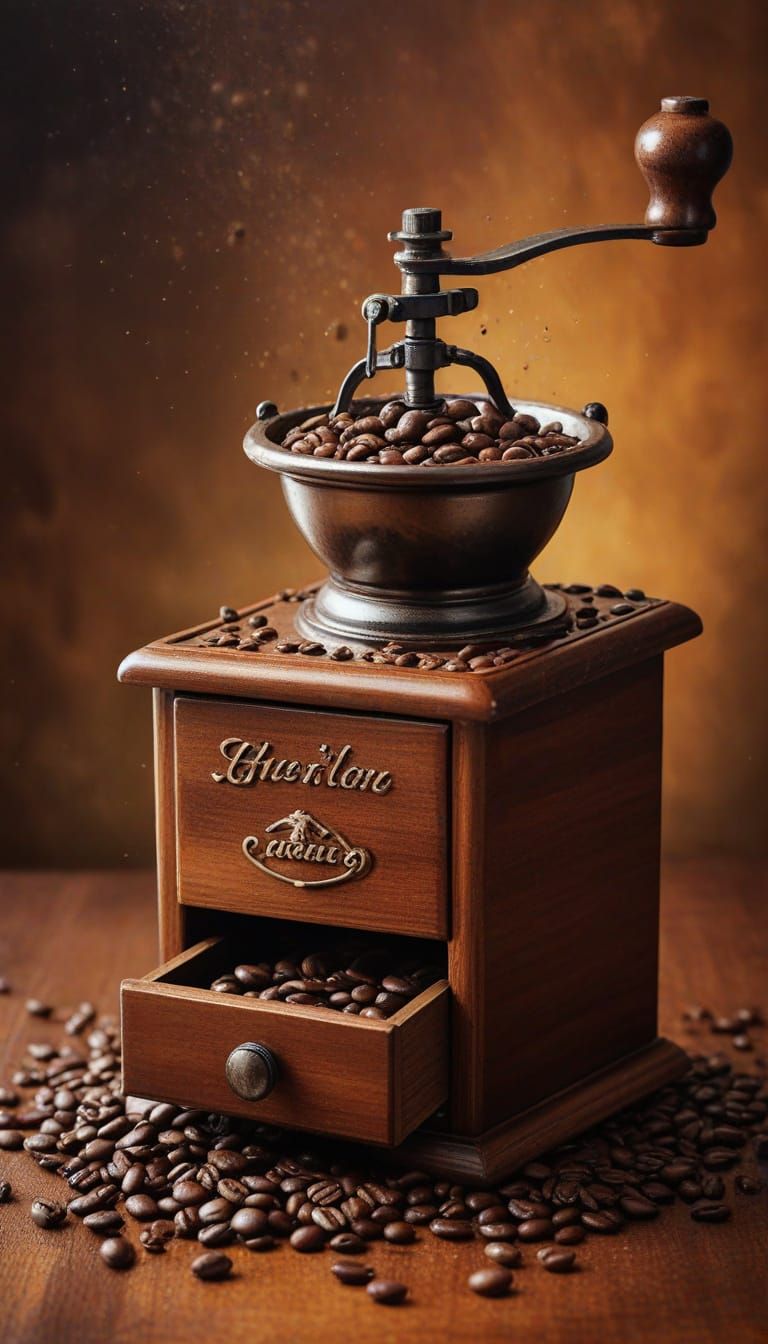 Vibrant Oil Painting of Coffee Grinder with Beans