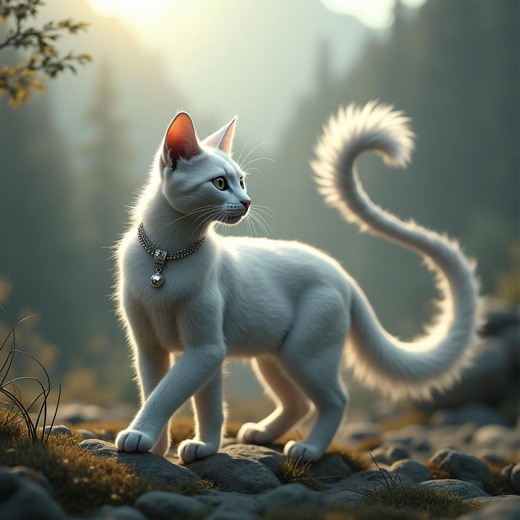 Silver Cat's Crystal Pendant in a Fantasy Landscape