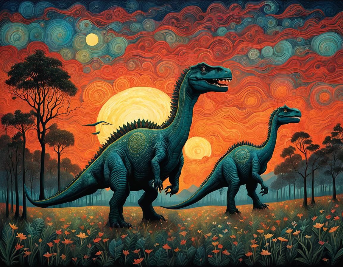 Dinosaurs at Sunset in Art Brut Style