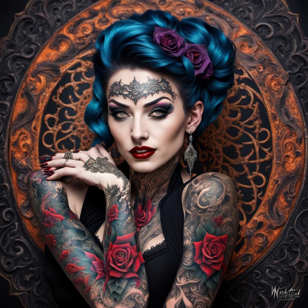 Gothic Pinup with Intricate Tattoo, Hyperrealistic Photo