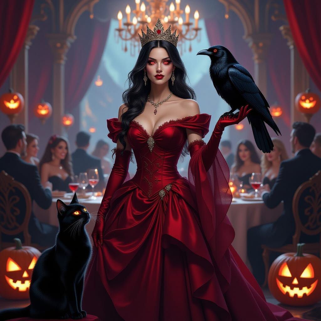 Vampire Queen at Masquerade Ball with Black Cat