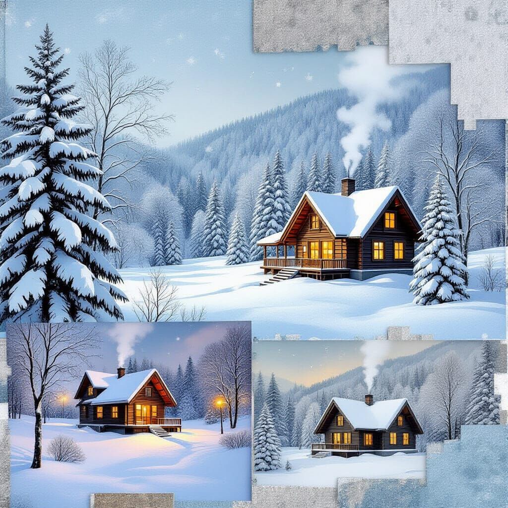 Winter Collage: Serene Snow Scenes with Cozy Cabin Lights