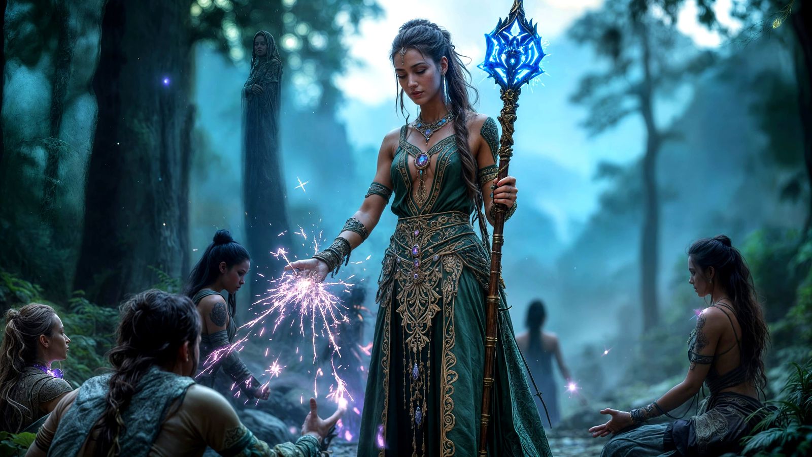 Female Healer in Forest with Healing Staff