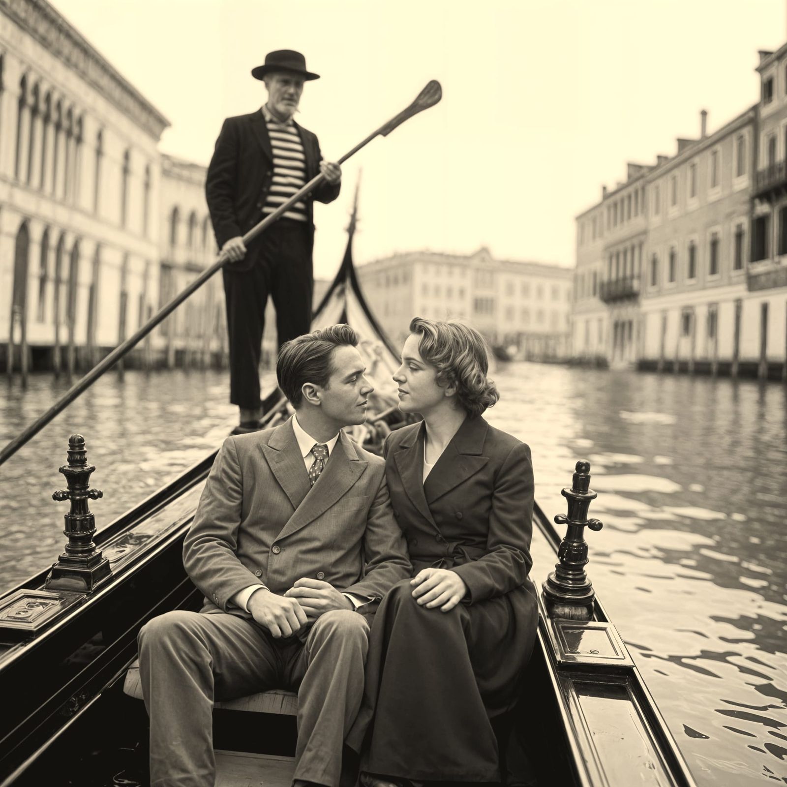Romantic Venice Gondola Moment in Black and White