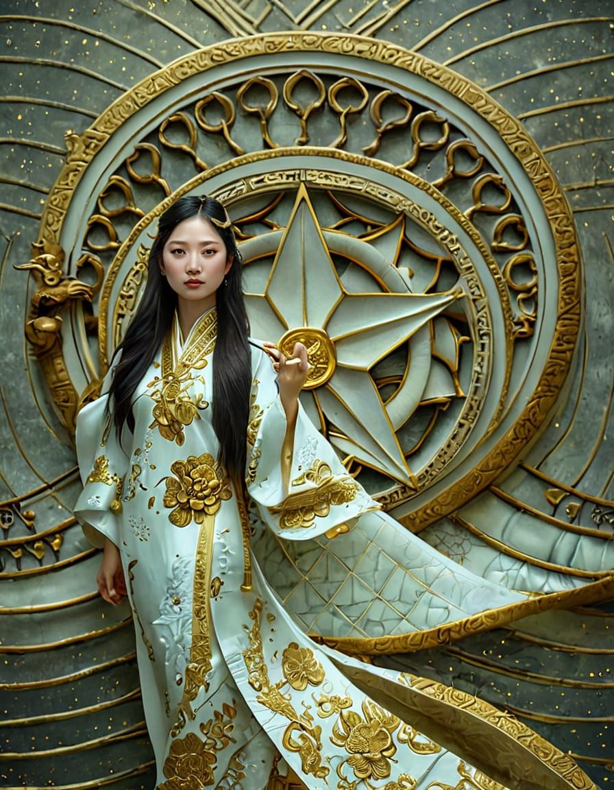 Ethereal Goddess in Golden Regalia Under Starry Skies