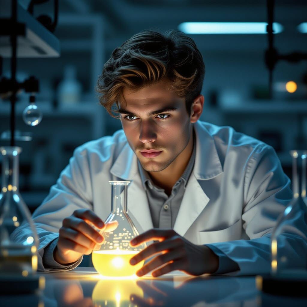 Young Scientist Studies Glowing Beaker in High-Tech Lab
