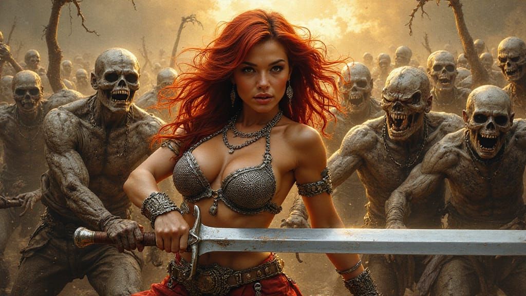 Heroic Red Sonja Battles Undead in Hyper-Realistic Fantasy S...