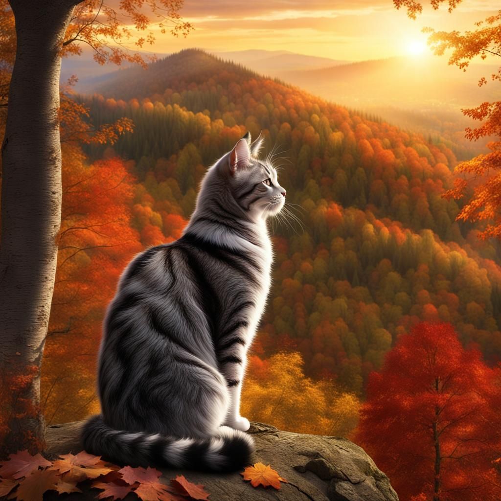 Silver Tabby Cat Watches Autumn Dawn