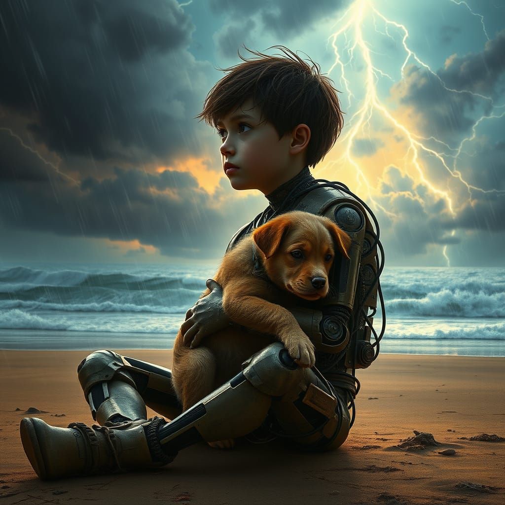 Cyborg Boy Overlooks Violent Storm on Desolate Beach with Pu...
