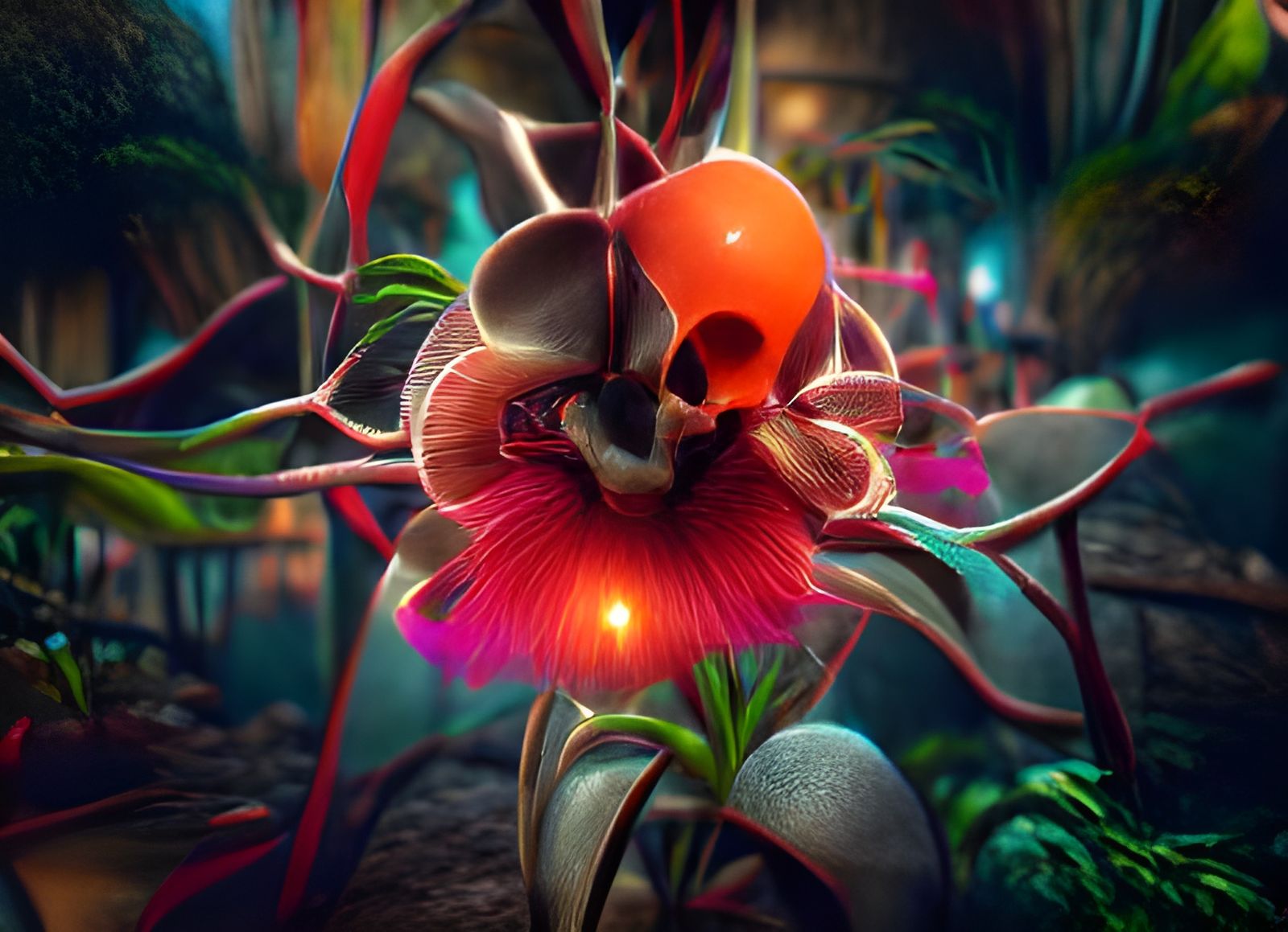 A tropical orchid growing from a brain