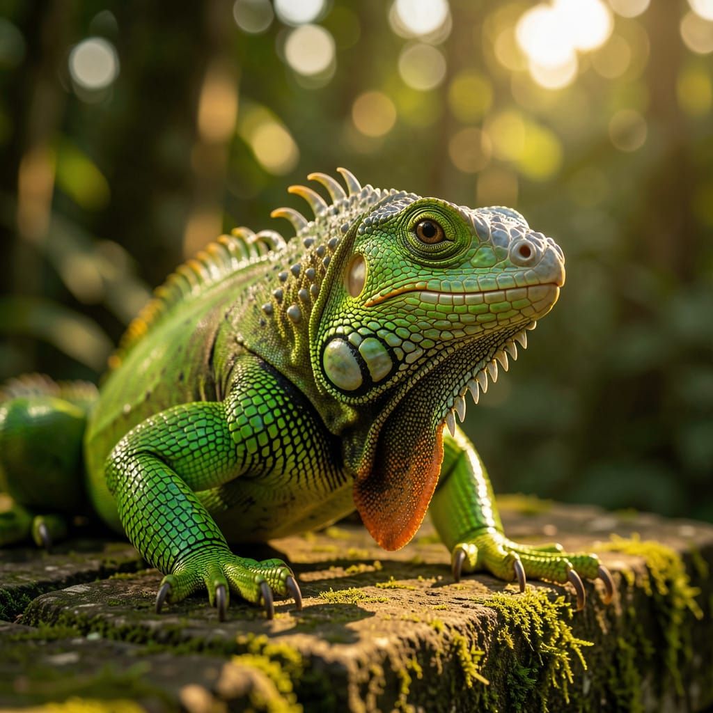 Photorealistic Green Iguana Macro Shot in Sunlight