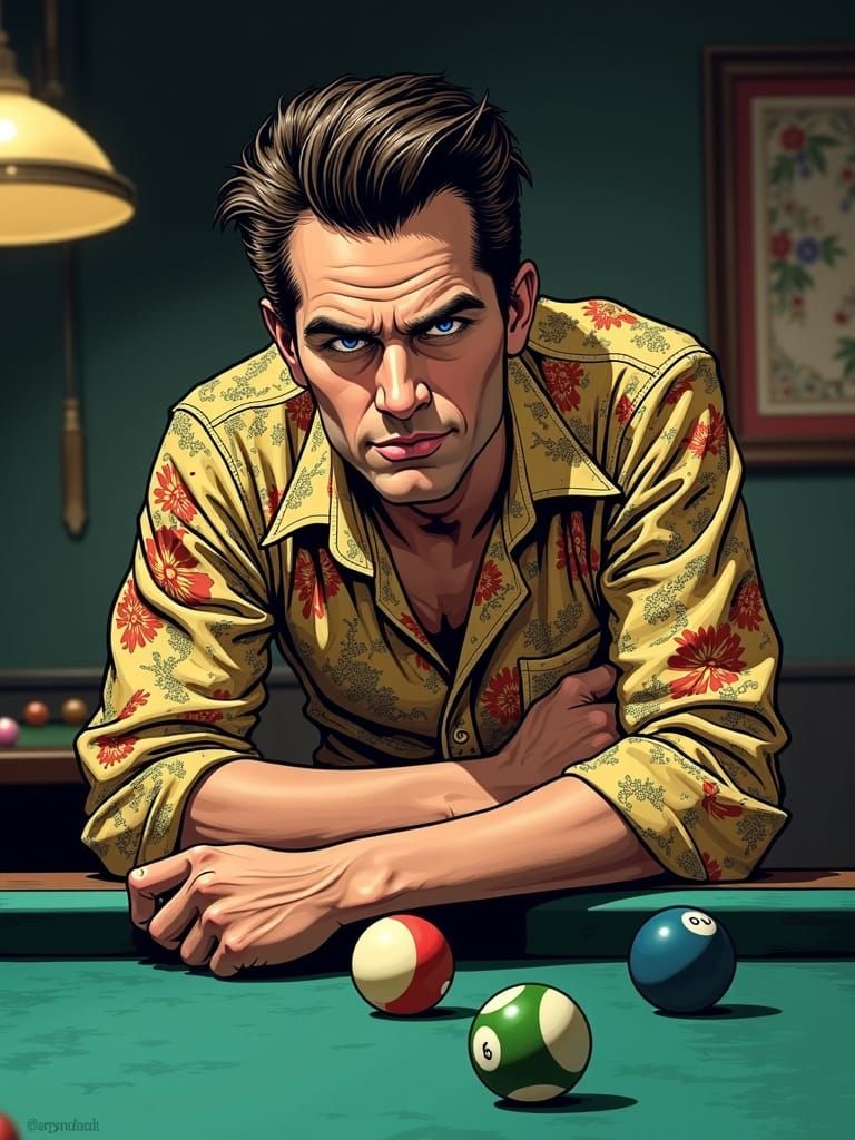 1970s Pool Hall Lothario in Gritty Comic Style