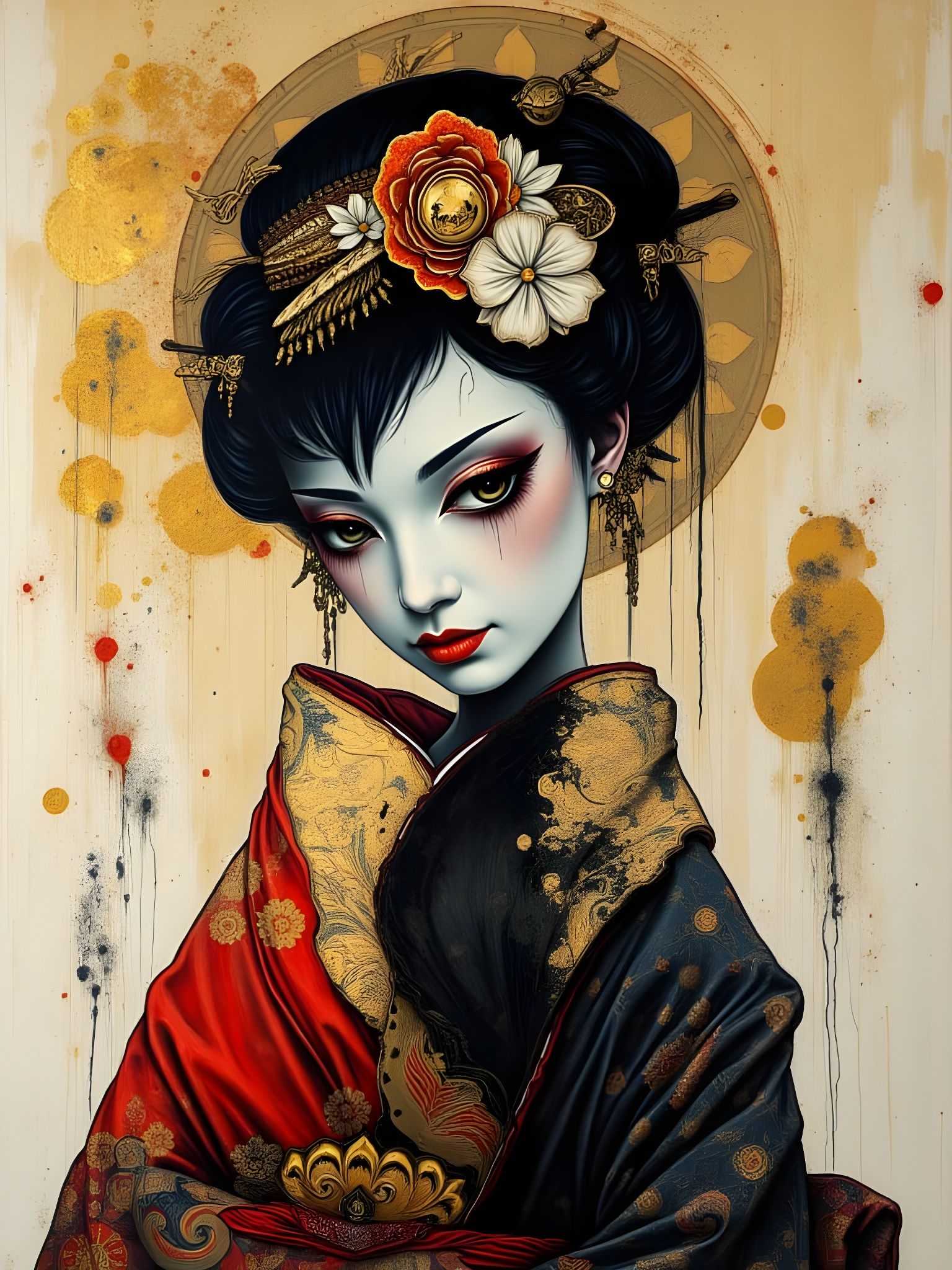 Geisha with Living Ink Kimono in Tribal Expressionist Style