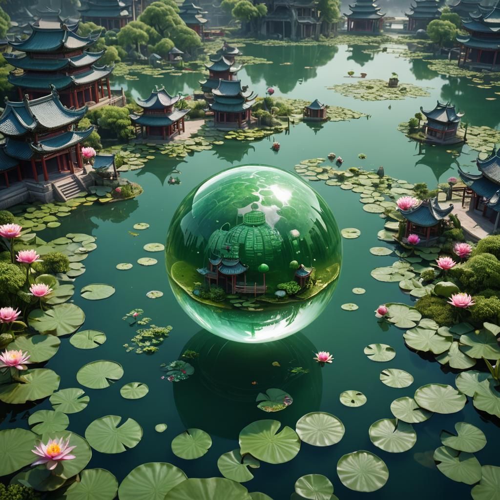 Jade Sphere with Chinese City in Pond