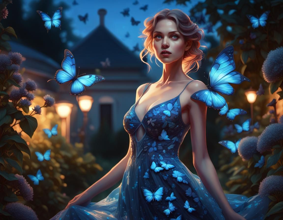 Butterfly Dress: Woman in Enchanted Night Garden