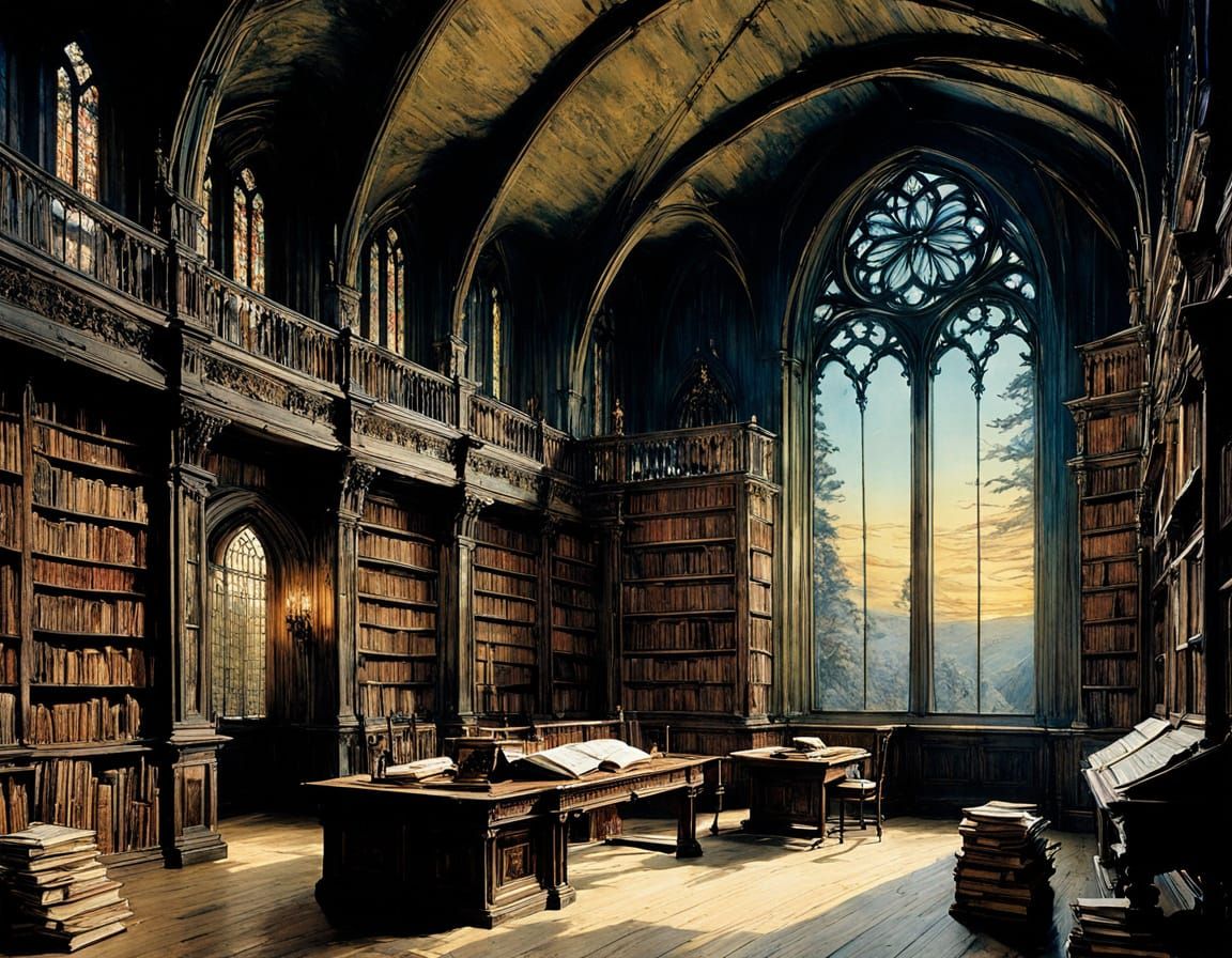Mysterious Monastery Library Illuminated by Soft Evening Lig...