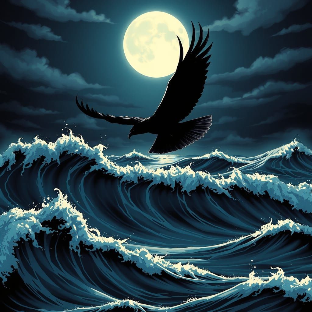 Mysterious Anime Bird Soars Over the Ocean