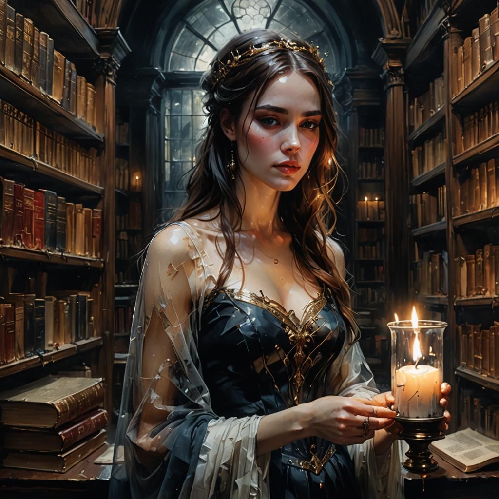 Princess in Ancient Library with Candle, Surreal Style