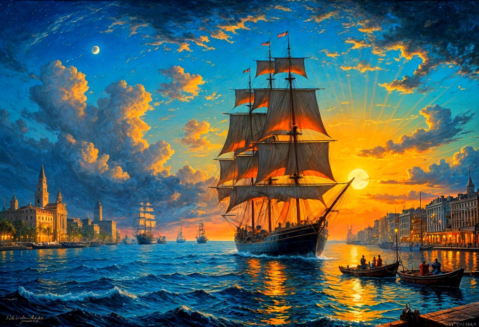19th Century Havana Ship Sailing Under Giant Orange Moon