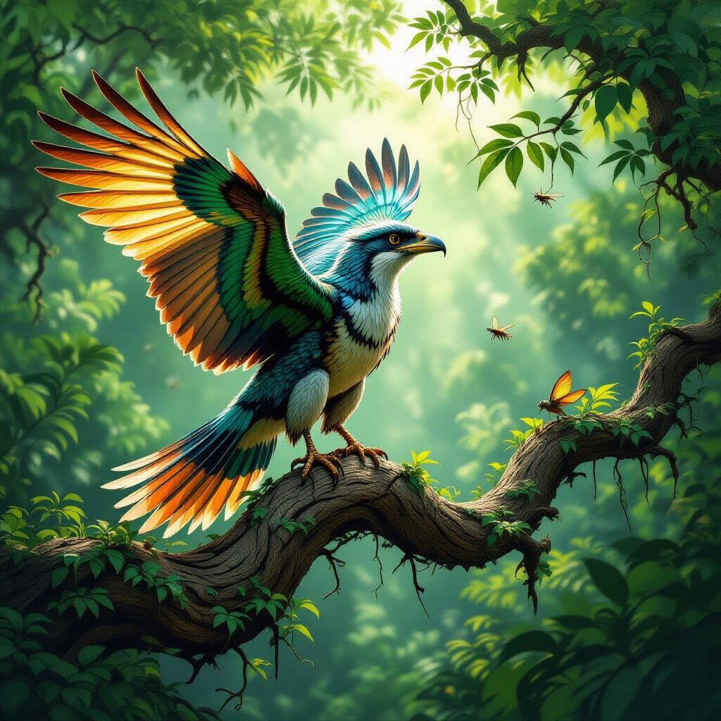 Archaeopteryx Leaping from Jurassic Branch: Audubon-Style Il...