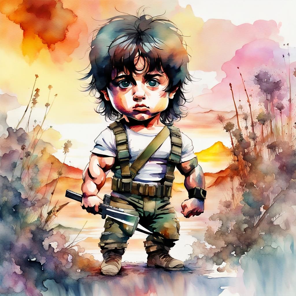 Chibi Rambo in Watercolor Sunset Landscape