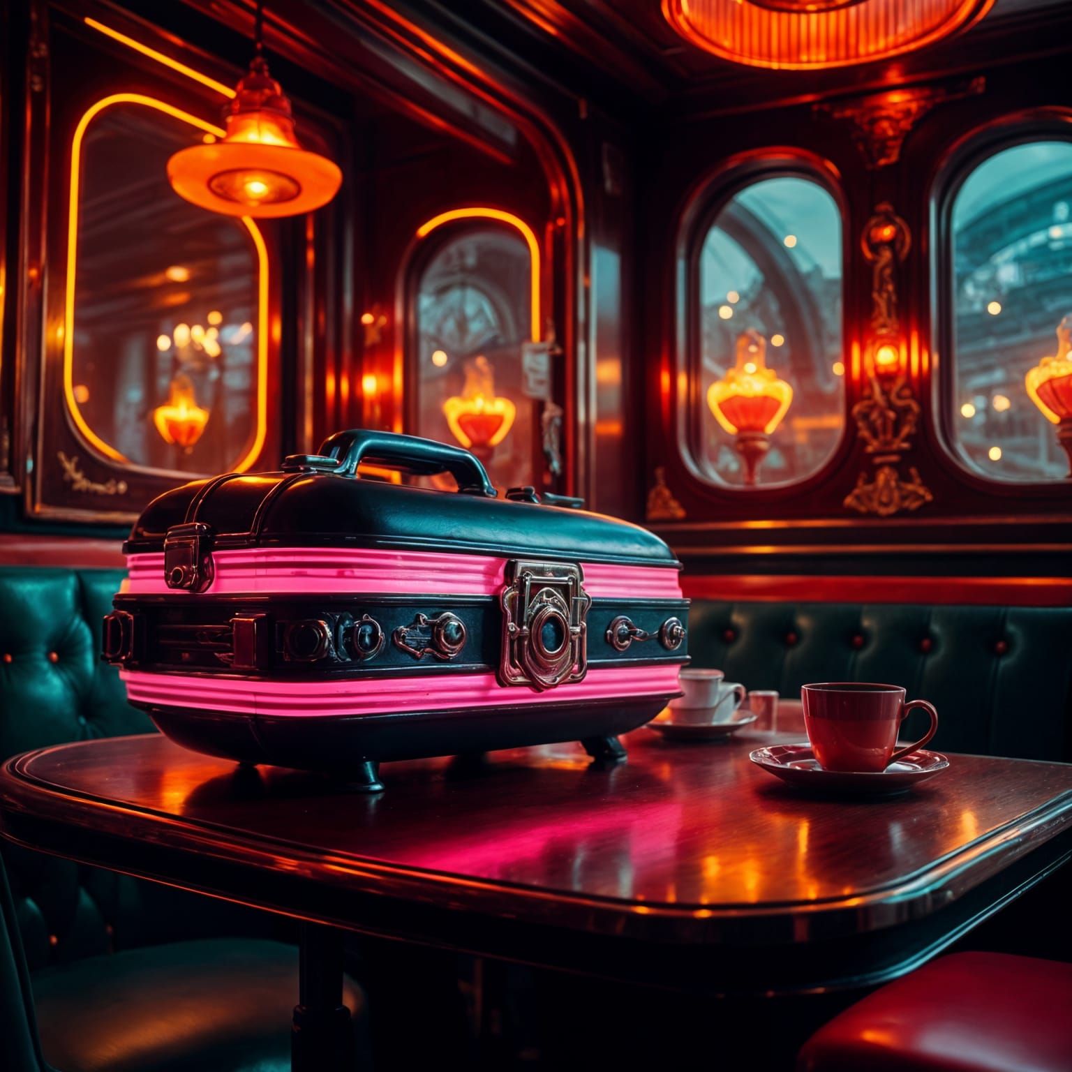 Glowing Briefcase on Diner Table in Vaporwave Style