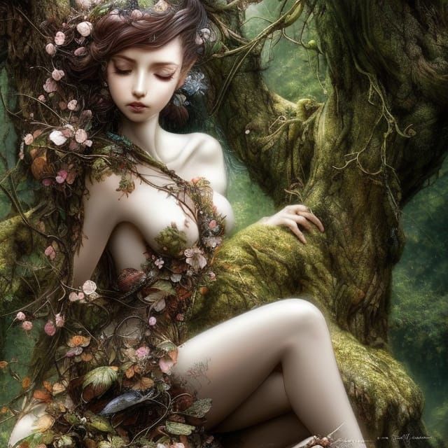 Girl Entwined by Tree Roots in Rococo Style