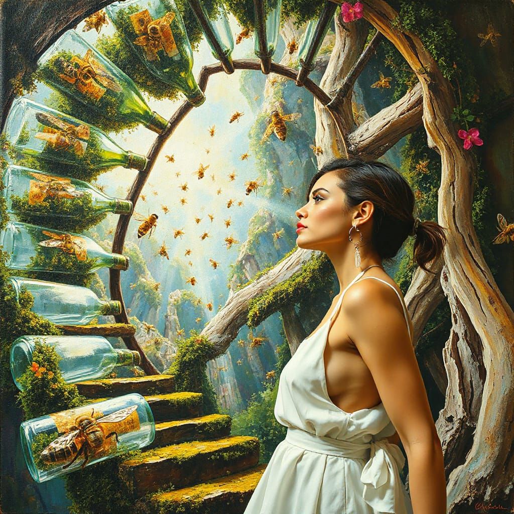 Fashionista and Infinite Staircase in Neo-Impressionist Styl...