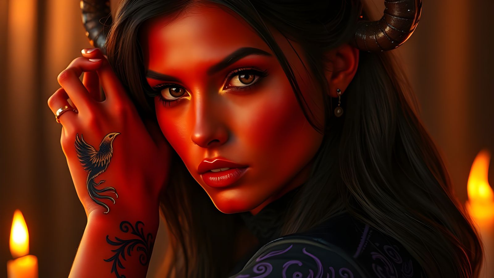 Regal, Red-Hued Goddess with Golden Horns and Enigmatic Eyes