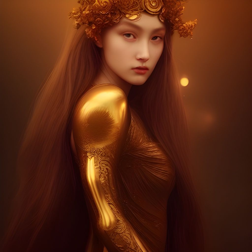 Ethereal Portrait with Golden Aureole, Digital Art