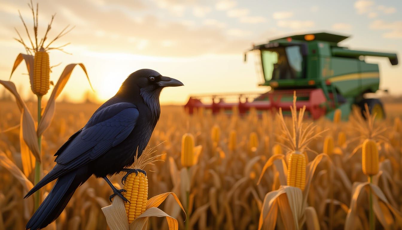 Photorealistic Crow on Corn Stalk in Autumn Light