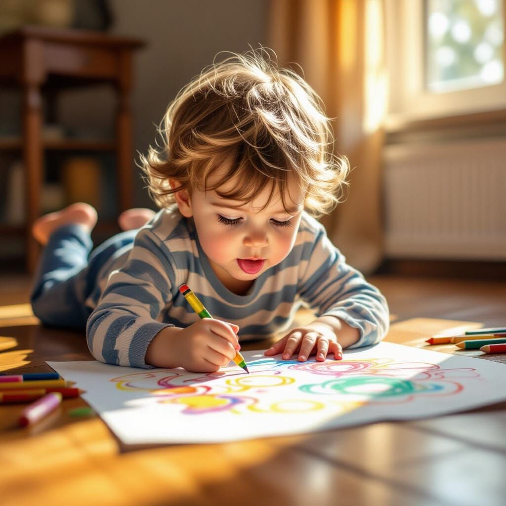 Child Drawing with Crayons in Warm Sunlight