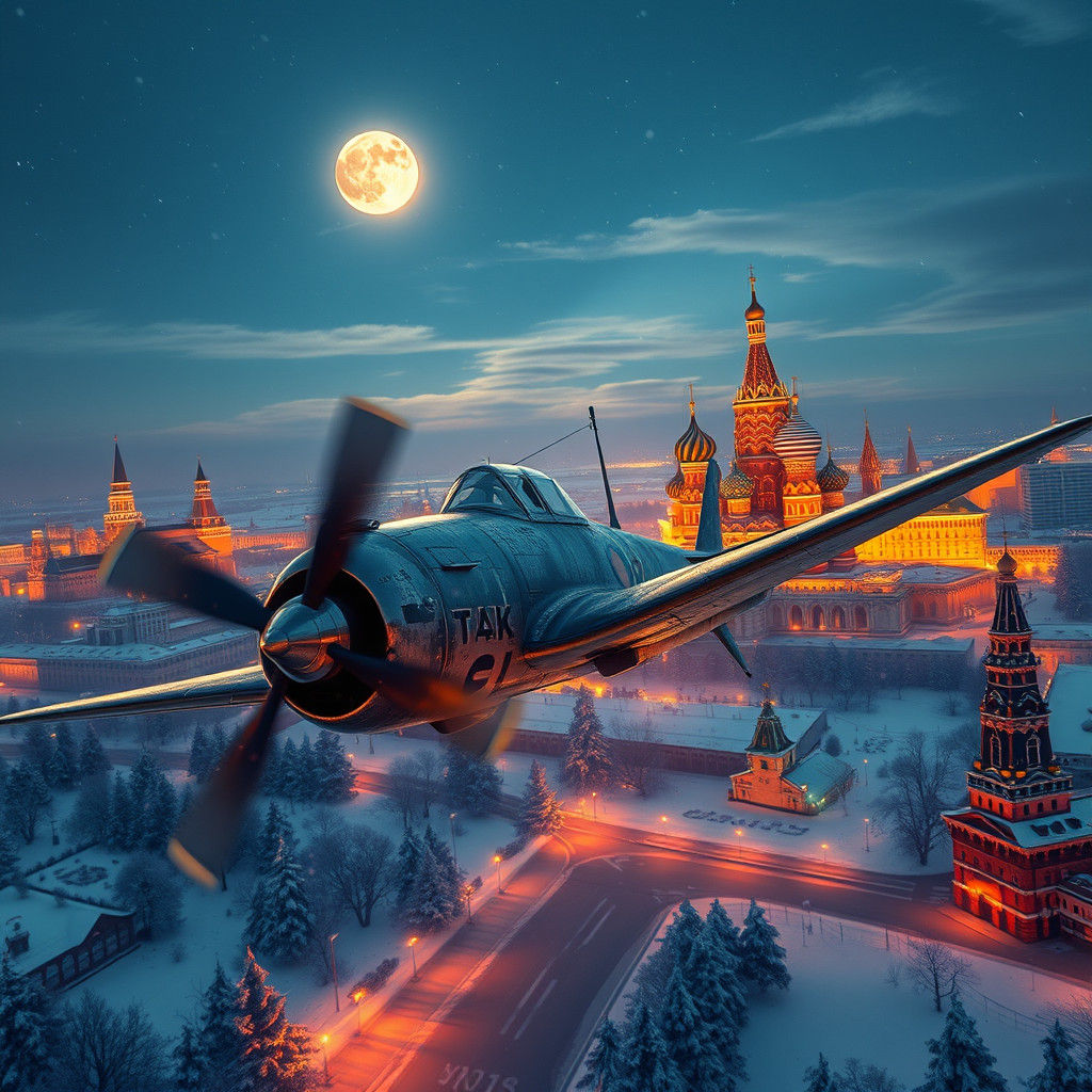 Yak 9 Fighter Over Moscow in Winter Night