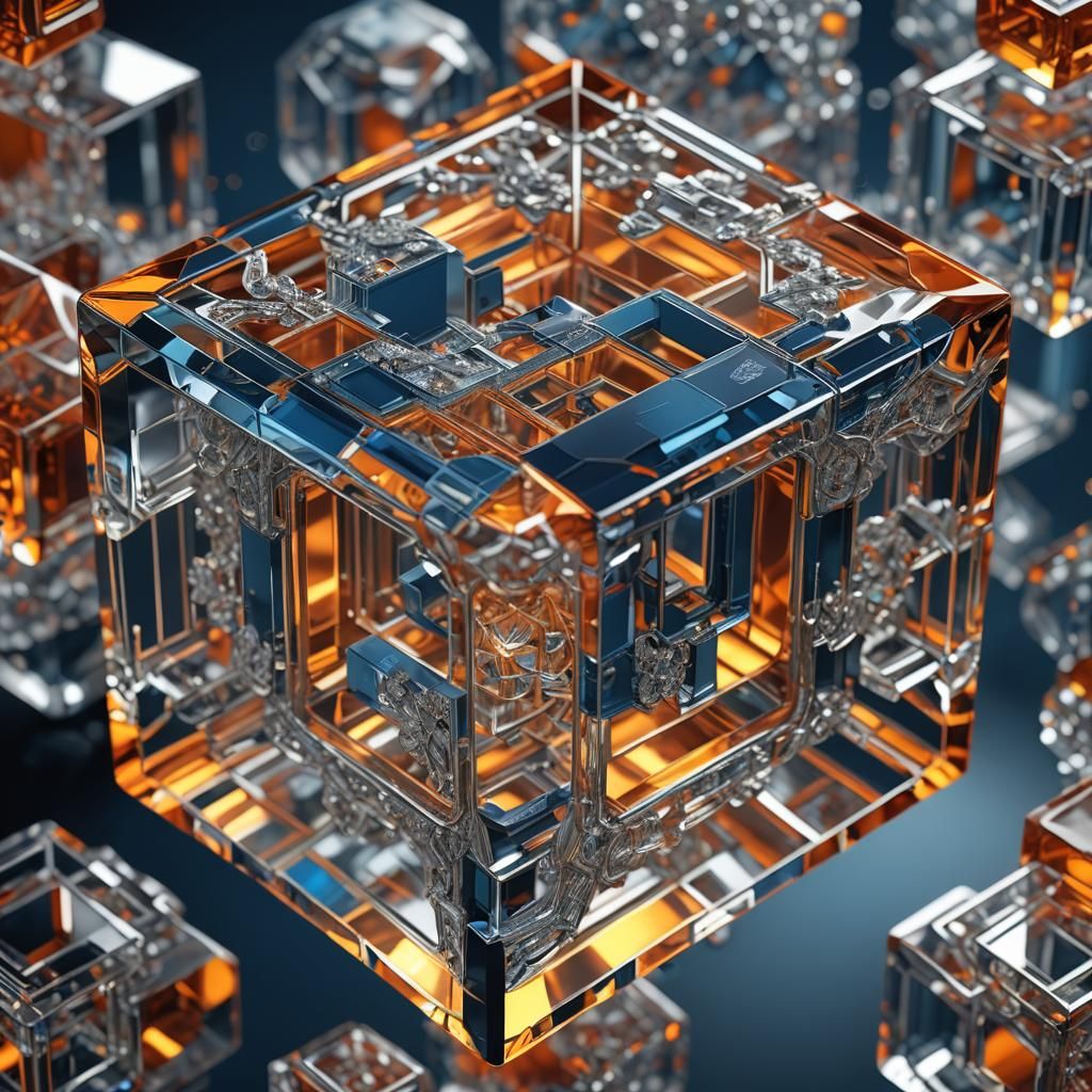 Crystal Cube with Hexagon Blueprint in 3D Rendering