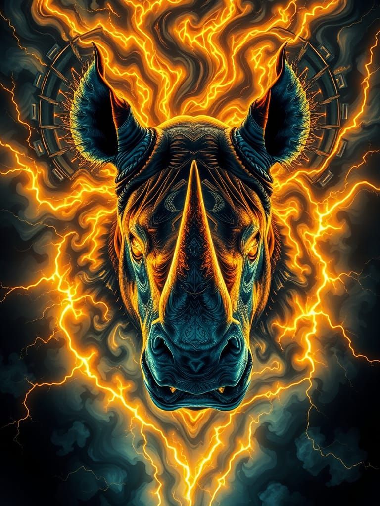 Bioluminescent Fractal Rhino God Artwork