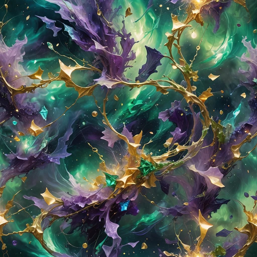 Ethereal Fragments Floating in Purple and Green Mist