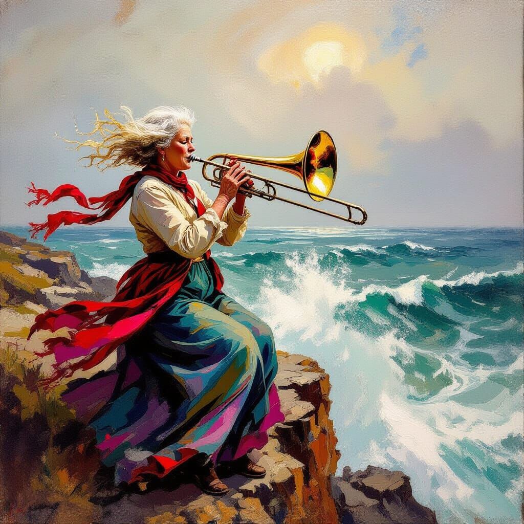 Elderly Woman Plays Trombone on Dramatic Cliff Edge