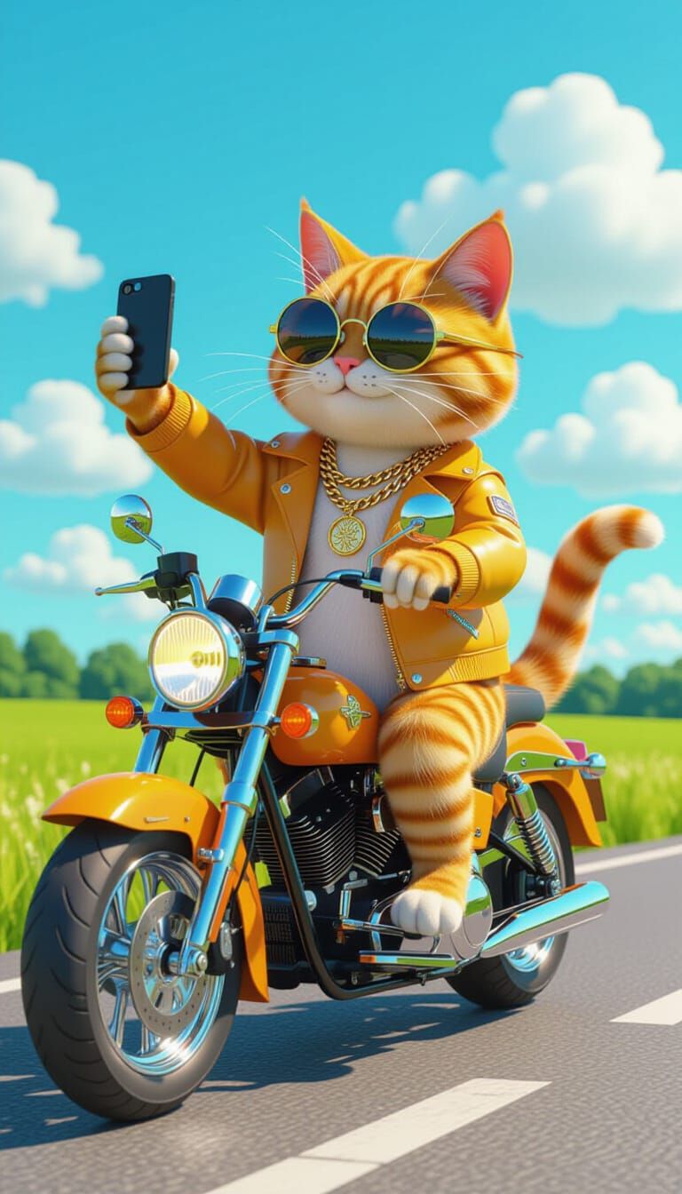Cartoon Cat Doing Motorcycle Wheelie in 3D Style