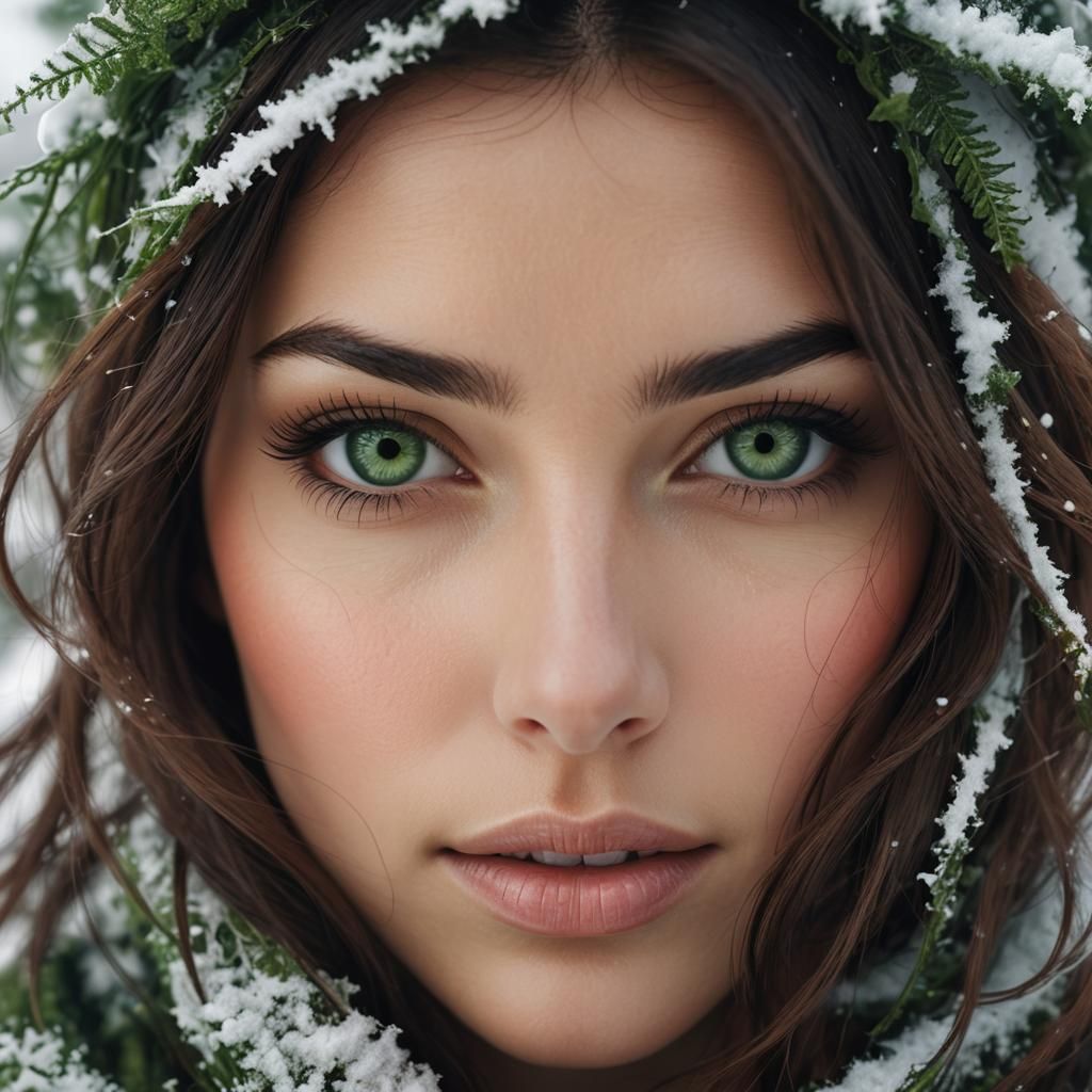Inspirational Woman's Face with Green Eyes, Winter Chill